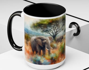 Elephant Mug: Watercolor African Savannah Art, 15oz Gift Cup