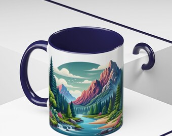 Forest River Mountain Mug, Nature Mug Gift, Wilderness Nature Gift, Sky, Gift Mug Cup 15oz