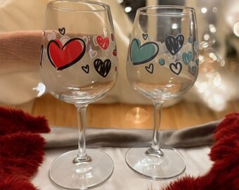 Valentine’s Day Heart Custom Couples Glasses Red Wine Glasses 12.75 ounces Stem Stemmed Couples Love Romance Set of 2 Gift His Hers