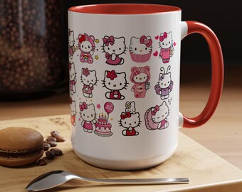 Happy Valentine's Day Hello Kitty Collage Mug, Cute Kitchen Decor, Gift for Her, Coffee Cup, Tea Cup, Multiple Colors, Red, Pink