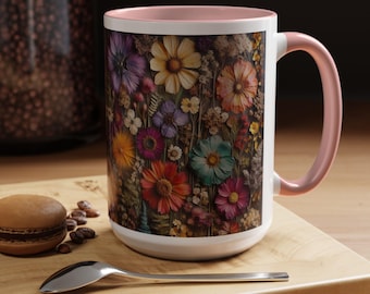 Pressed flowers Mug, Boho Wildflower Dark background Mug Gift, botanical coffee mug, Floral tea cup, Nature Mug Cup 15oz