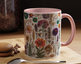 Pressed flowers Mug, Boho Wildflower Mug Gift, botanical coffee mug, Floral tea cup, Nature Mug Cup 15oz