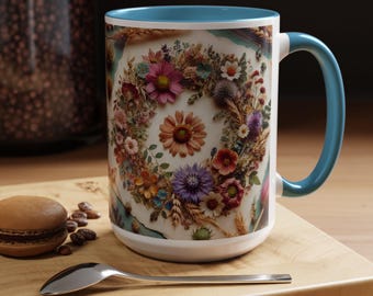 Pressed Flower Wreath Mug: Botanical Coffee Cup, Nature Lover Gift (15oz)