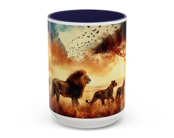 Lion Mug: Watercolor African Savannah Art - 15oz Gift Cup