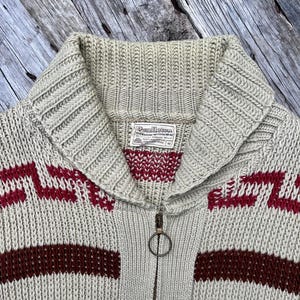 May include: A beige and burgundy patterned zip-up cardigan with a Pendleton label. The label reads "Pendleton,  Made in USA,  Wool,  Machine Wash Cold,  Tumble Dry Low,  Imported."