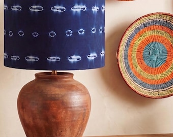 Handmade Indigo Tie Dye Lampshade – Boho Blue Drum Shade (14" D x 10" H)