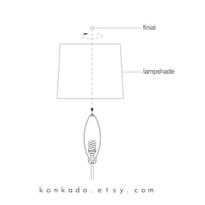 May include: A black and white line drawing diagram showing the assembly of a lamp. The illustration features a lampshade, a finial, and a light bulb, with dashed lines indicating placement. The text konkada.etsy.com appears at the bottom.