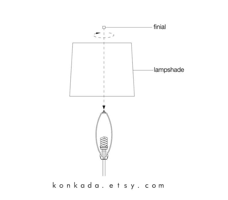 May include: A black and white line drawing diagram showing the assembly of a lamp. The illustration features a lampshade, a finial, and a light bulb, with dashed lines indicating placement. The text konkada.etsy.com appears at the bottom.