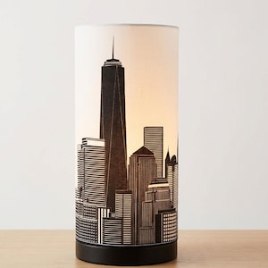 New York skyline tall drum table lamp