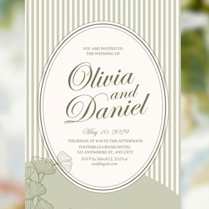 Puede incluir: Una tarjeta de invitación de boda con fondo de rayas verticales blancas y verde salvia y un marco ovalado central. El texto dice: YOU ARE INVITED TO THE WEDDING OF Olivia and Daniel May 10, 2029, en el Foothills Grand Hotel, con arte de hojas de ginkgo.