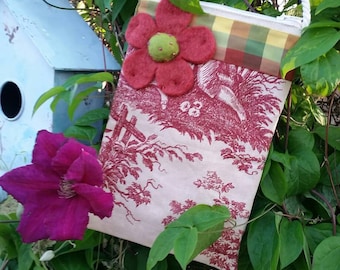 Red toile canvas cross body purse with felt flower detail