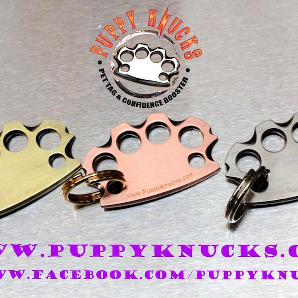 PuppyKnucks (LARGE pup, over 40lbs) pet ID tag charm & self confidence booster Brass or Silver knuckles Custom Engraved