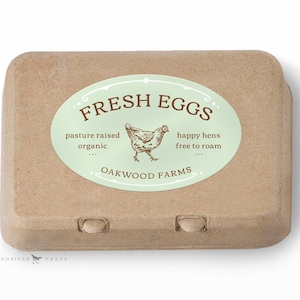 Custom egg carton labels, personalized for your farm or coop. 10 oval stickers per sheet, 3.25" x 2", green, blue and other colors.