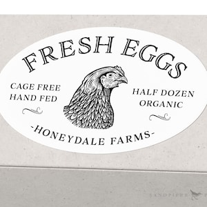 Personalized egg carton labels. Fully customizable with your name, farm or coop. 10 oval stickers per sheet, 3.25" x 2"