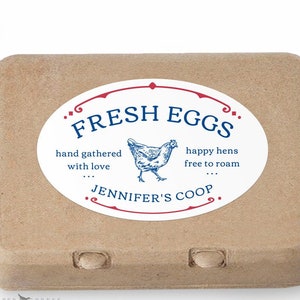 Printed egg carton labels, personalized for your coop. Red, white and blue. 10 oval stickers per sheet, 3.25" x 2"