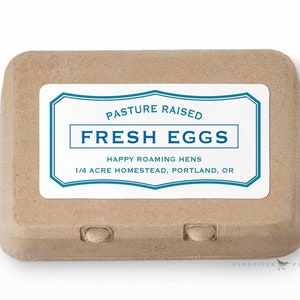 Custom Egg Carton Labels- personalized  for your coop or farm. Printed stickers, black or blue, 10 per sheet, 2" x 4"