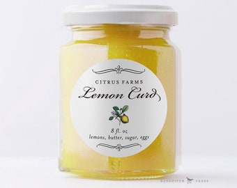 Custom printed Lemon Labels - matte waterproof stickers, personalized for lemon curd or limoncello.  2" round, 20 per sheet