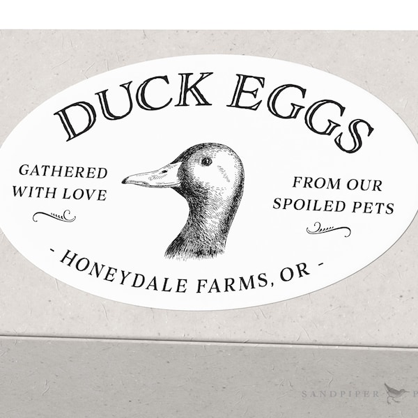 Printed Duck Egg Labels - personalized oval stickers for egg cartons, fully customizable with your name or farm. 10 per sheet, 3.25" x 2"