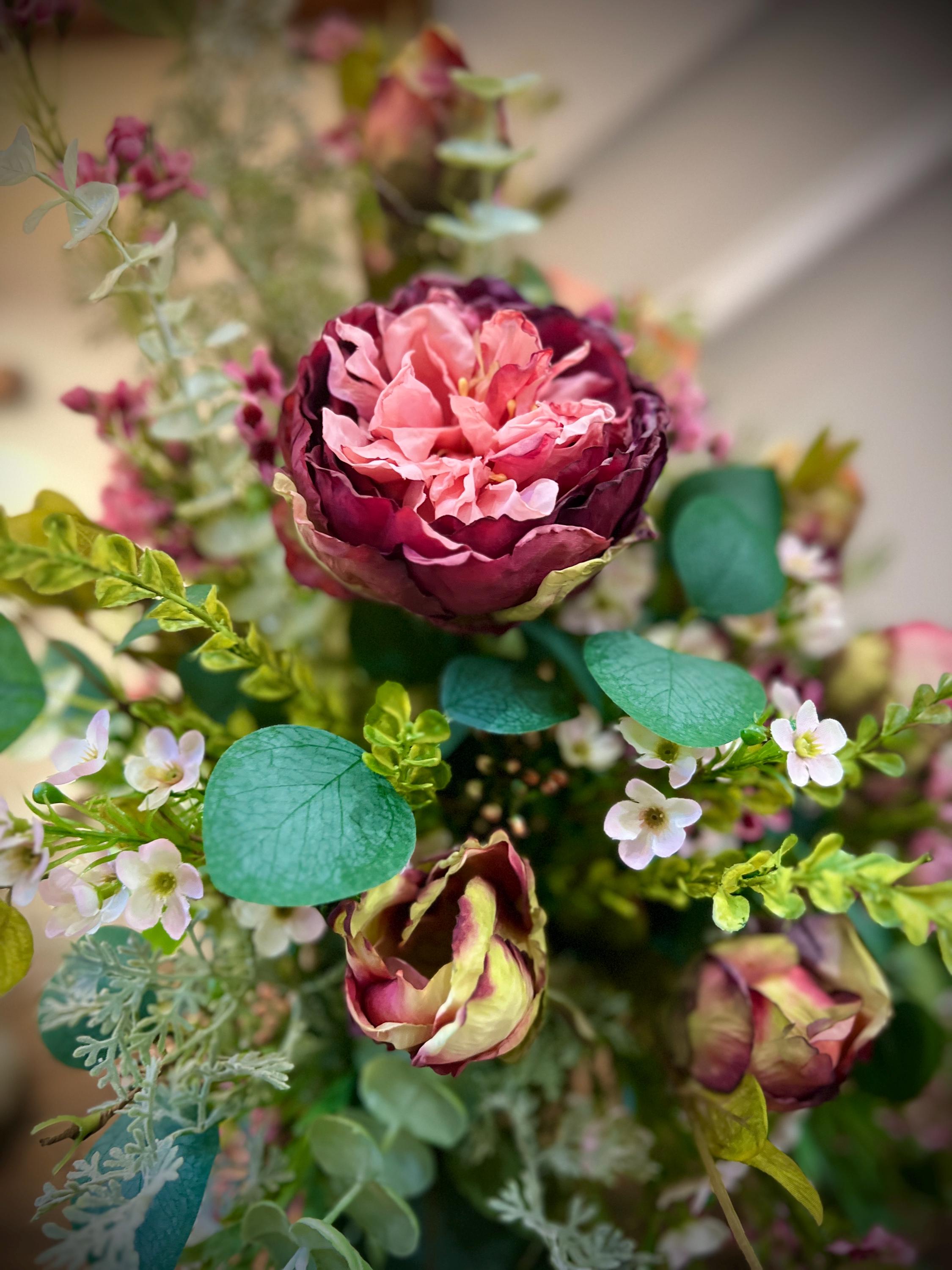 Cabbage Rose Table Arrangement - Vintage Container- Front Facing ...