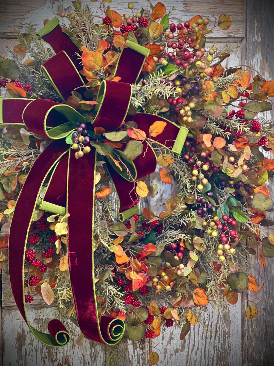 Autumn Leaf and Berry Grapevine Wreath = Designer Velvet 2 Toned Bow ...