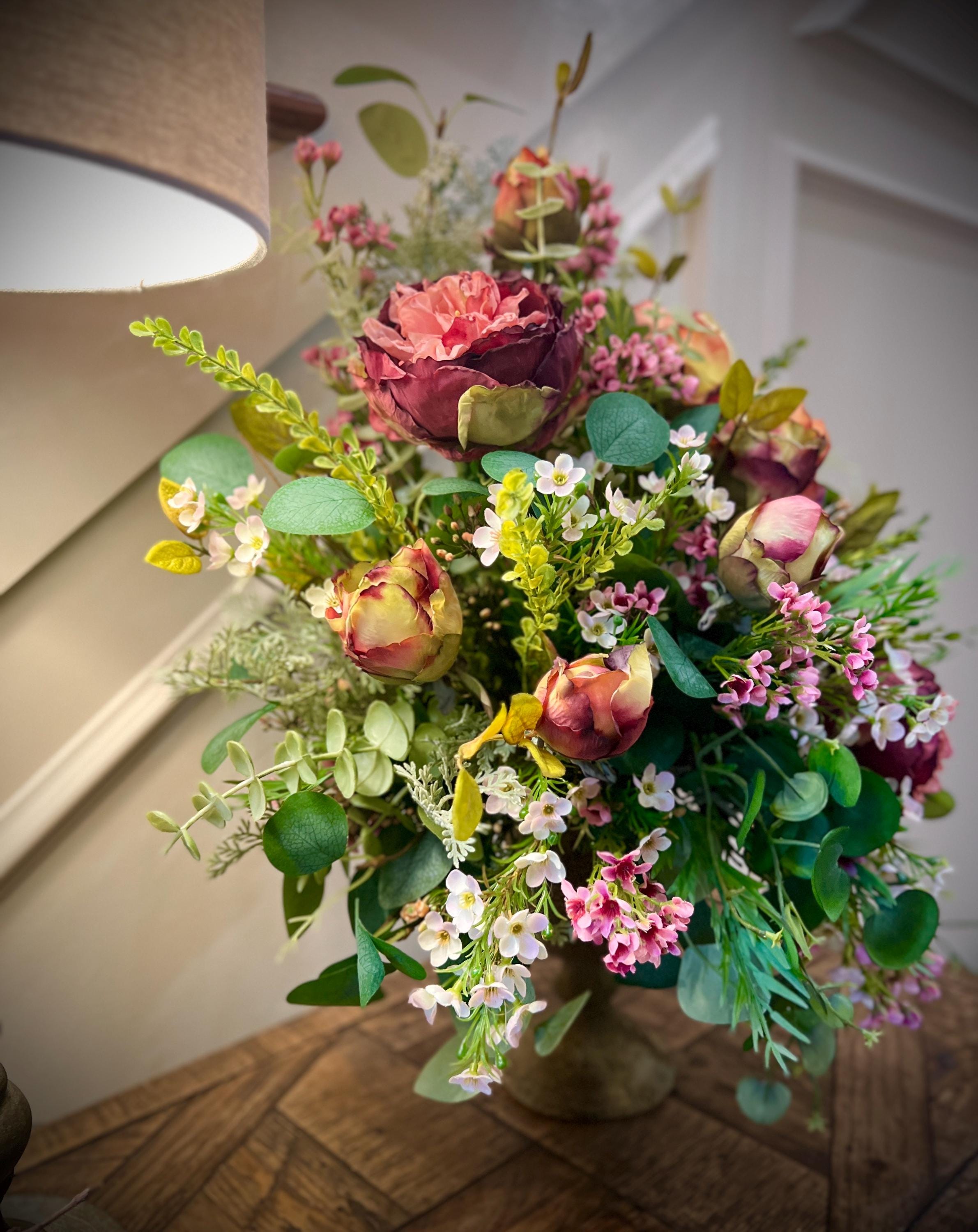 Cabbage Rose Table Arrangement - Vintage Container- Front Facing ...