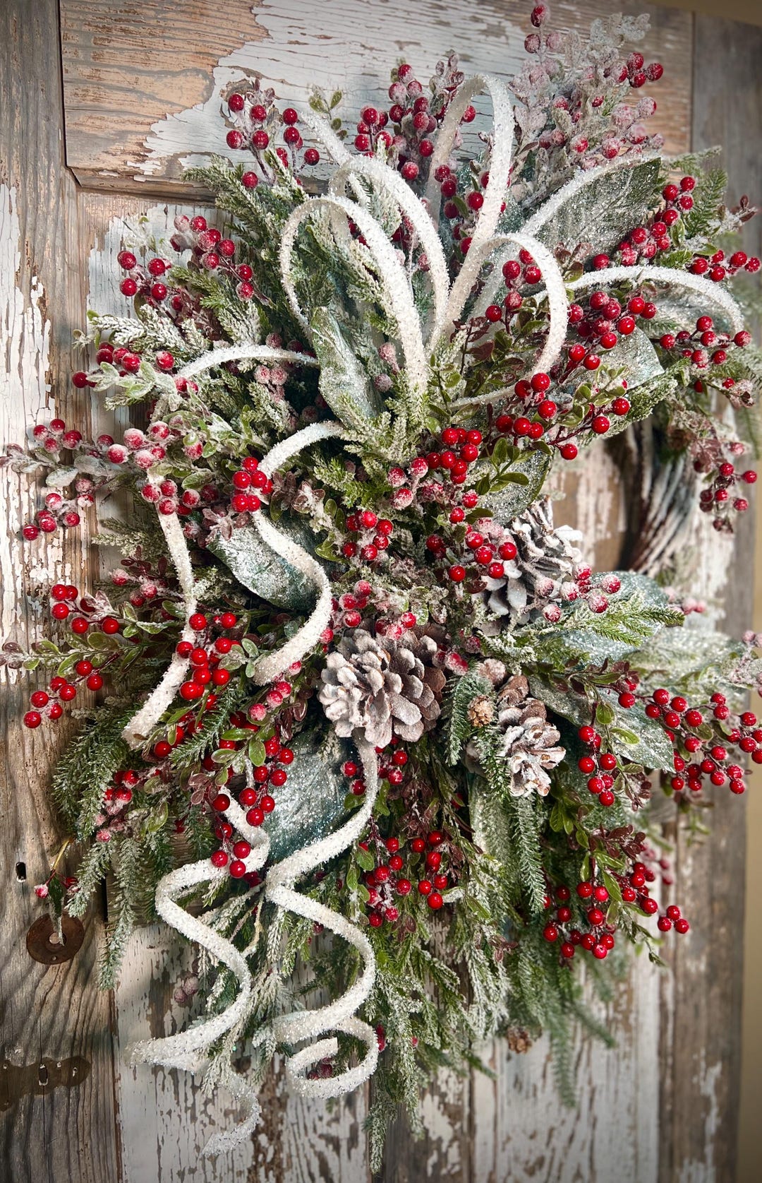 Snowy Pine and Red Berry Winter Wreath – White Streamers - Etsy
