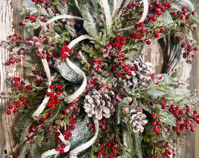 Snowy Pine and Red Berry Winter Wreath – White Streamers - Etsy
