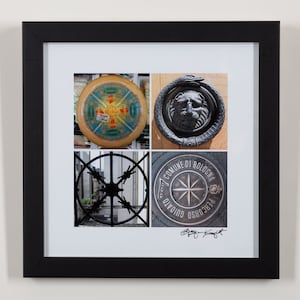 May include: A framed collage of four images featuring different circular designs. The top left image shows a colorful circular design with a yellow, blue, and red pattern. The top right image shows a black metal door knocker with a lion's head. The bottom left image shows a black metal gate with a circular design. The bottom right image shows a circular metal plaque with the text "COMUNE DI BOLOGNA" and a star design.