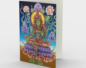 Groene ansichtkaart Tara Goddess (set van 3 met enveloppen) - Divine Female - Goddess Art - Tibetaans boeddhistische Tara - cadeau