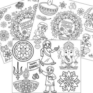 Diwali Coloring Placemats Digital Download | 3 Coloring Pages | Festival of Lights Activity | Printable Diwali Craft Idea | Diwali Printable