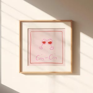 Cin Cin - 乾杯ワインアートプリント | デジタルダウンロード | プレッピーなグラスのイラスト | 楽しいバーカートの装飾 | ミニマリストのピンクと赤のアート