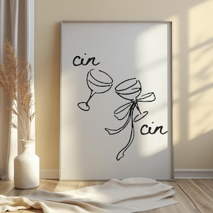 Cin Cin Champagne Glasses Preppy Wall Art | Aesthetic Celebration Print| Bar Cart Art | Black Girly Champagne Decor | Trendy Bar Cart Decor