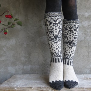 37-40 cashmere merino cat socks women, white gray lady socks, gift for cat lover lady image 1