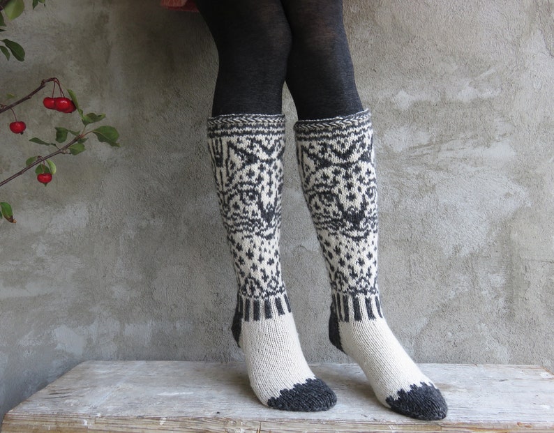 37-40 cashmere merino cat socks women, white gray lady socks, gift for cat lover lady image 2