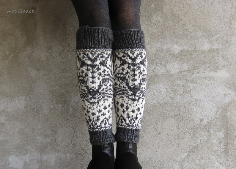 Cat pattern knit for women knit wool leg warmers in white and | Etsy