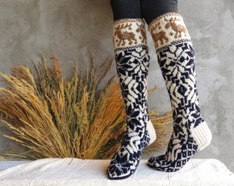 40 41 soft Scandinavian design lady stockings, toasty long women socks, hand knit ladies winter gift acessory