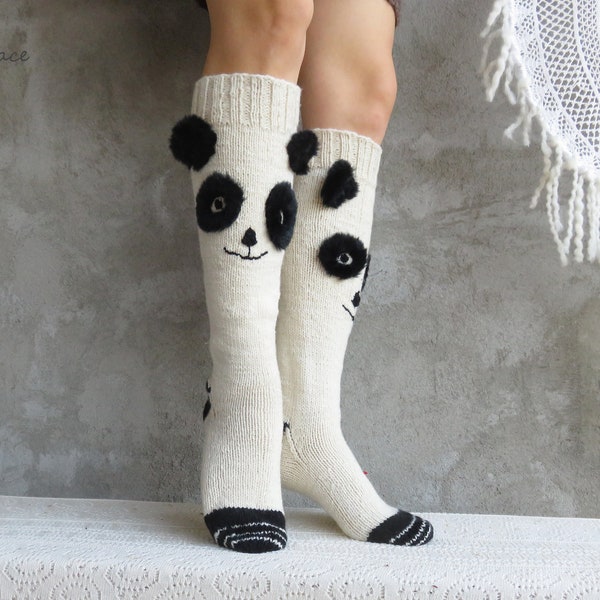 knee high socks, panda gifts, wool socks, funny socks, embroidered panda,  ready to ship Europe wool socks