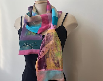 Unisex hand-painted and pieced silk scarf, eco scarf, narrow and long shawl in muted colors