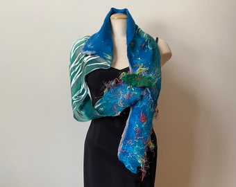 Green and blue hand-felted and hand-painted designer scarf, art to wear, nuno felt, silk and merino wool. The hand-felted pin is included.