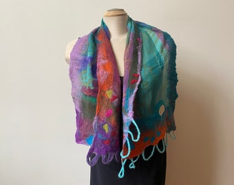 Bright hand felted and hand painted silk and merino wool scarf, art to wear, designed scarf