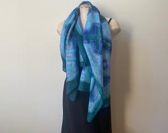 Hand-painted silk scarf in greens and blues, with silver lines. art to wear, designer art scarf. 54" x 23"