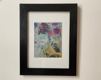 Handpainted silk, embroidered and framed with wood frame, paper mat and glass. Abstraction, wall art.