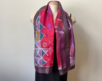 Red batik silk scarf, hand-painted, designer art scarf, art to wear, abstract art, bridesmaids and weddings,
