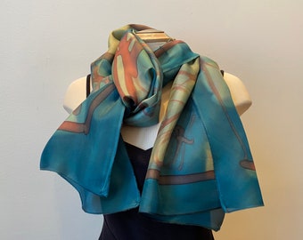 Olive green handpainted silk scarf, large size 22" x 70", designer scarf, formal wear, art scarf, art to wear