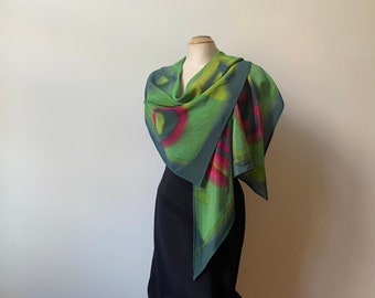 Green hand-painted silk wrap, large art scarf, which can be worn in many ways. Designer scarf, art to wear.