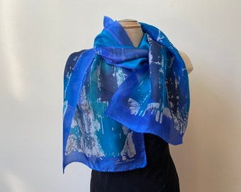 Blue batik, art scarf, hand painted, designer scarf, art to wear, artwear, long silk shawl