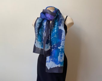 Batik silk art scarf in black and blue, designer scarf, art to wear, handpainted silk