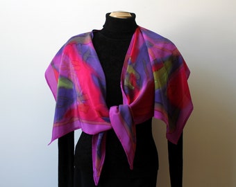 Hot pink handpainted silk large wrap, designer art scarf, art to wear