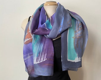 Batik scarf, painted silk art scarf, designer bold abstract shawl, rozome scarf, art to wear, unique gift, muted colors scarf, 18" x 70"