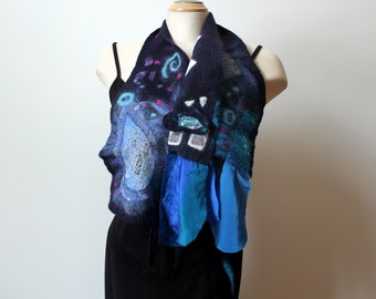 Hand-felted unique art scarf in blue colours